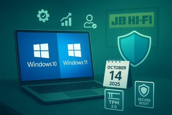 Laptop displays Windows 10 and Windows 11 with security badges (TPM 2.0, Secure Boot) and a calendar.