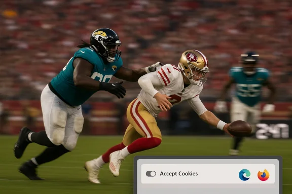 San Francisco 49ers QB carries the ball as a Jaguars defender closes in.