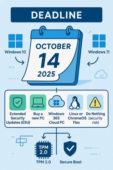 Deadline October 14, 2025 for Windows 10/11 migration and security options.