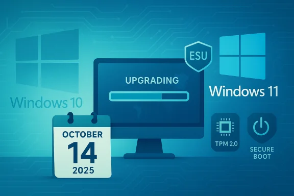 Blue-toned graphic illustrating Windows upgrade from Windows 10 to Windows 11 with a progress bar and October 14, 2025.