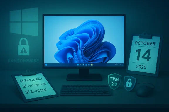 Windows PC setup with ransomware warning, Oct 14, 2025 calendar, and security icons.