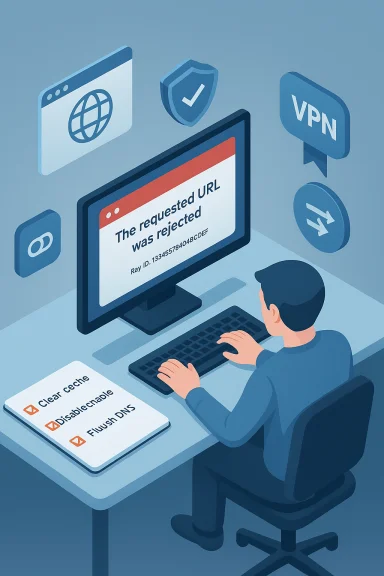 A user at a computer sees 'The requested URL was rejected' amid VPN and security icons.