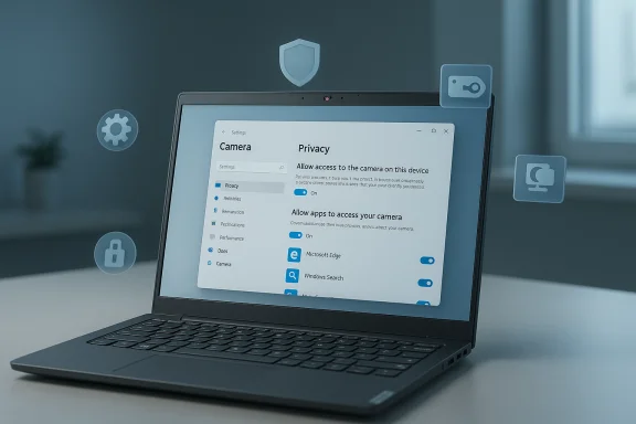 A laptop screen shows camera privacy settings and app permissions with floating security icons.
