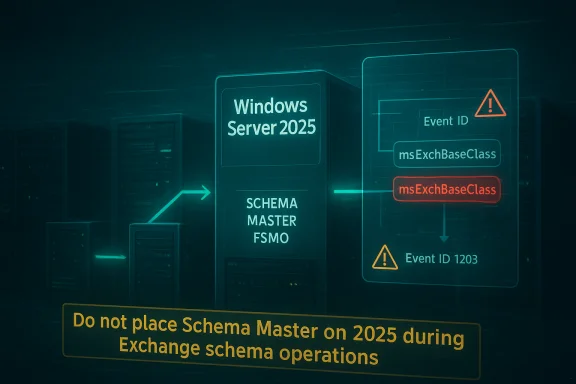 Futuristic server-room graphic showing Windows Server 2025 Schema Master and Exchange schema warning.