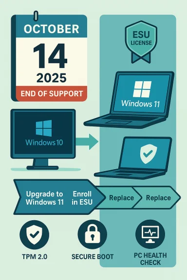 October 14, 2025 end of support for Windows 10; upgrade to Windows 11 with ESU licensing and PC health checks.
