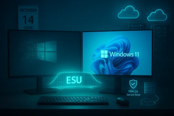 Dual-monitor Windows 11 setup with neon ESU HUD, cloud icons, and TPM/Secure Boot glow.