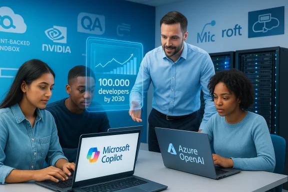 Team examines holographic chart showing 100,000 developers by 2030 with laptops. Team examines holographic chart showing 100,000 developers by 2030 with laptops.