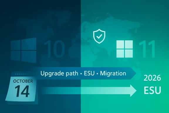 Graphic illustrating a Windows 10 to Windows 11 upgrade path with ESU migration.