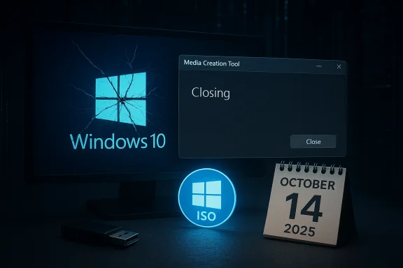 Windows 10 setup scene with a cracked logo, glowing ISO sign, USB drive, and October 14, 2025 calendar.