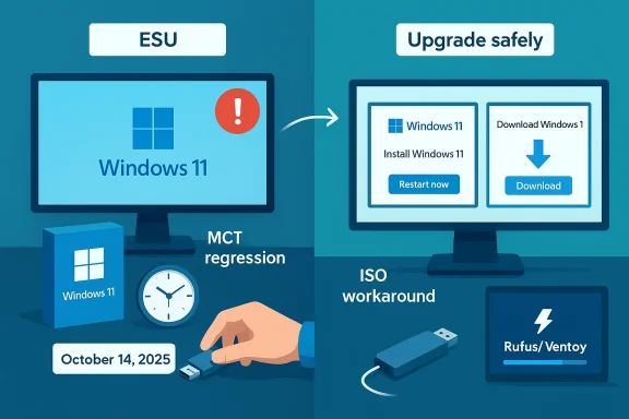 Two-panel guide contrasting a risky ESU upgrade with a safe Windows 11 upgrade via ISO/USB.