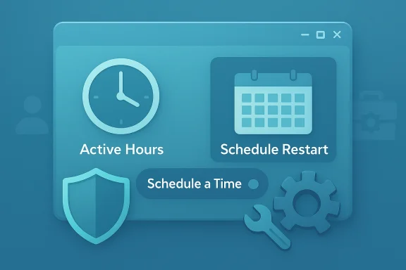 Blue software window displays Active Hours, Schedule Restart, and Schedule a Time with shield and tools. Blue software window displays Active Hours, Schedule Restart, and Schedule a Time with shield and tools.
