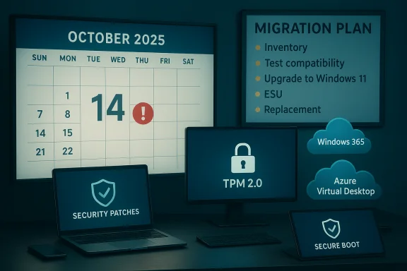 Cybersecurity setup: October 2025 calendar with alert, TPM 2.0, Secure Boot, and cloud migration plan.