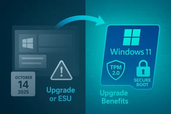 An infographic showing upgrading to Windows 11 with TPM 2.0 and Secure Boot from ESU.