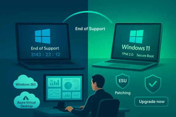 Split-screen illustration: Windows 10 ends support on the left, Windows 11 upgrade on the right.