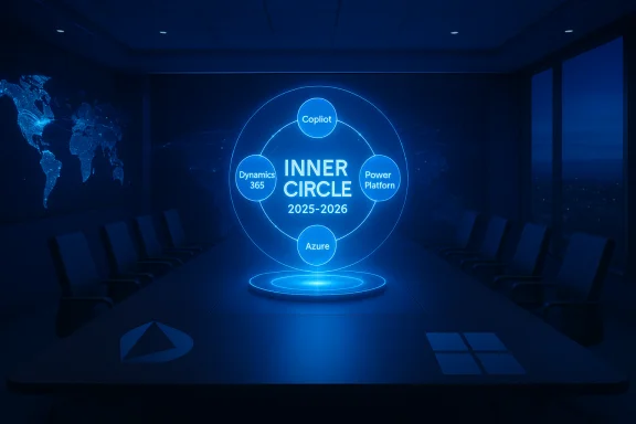 Blue holographic circle diagram showing INNER CIRCLE 2025-2026 with Copilot, Dynamics 365, Azure, Power Platform. Blue holographic circle diagram showing INNER CIRCLE 2025-2026 with Copilot, Dynamics 365, Azure, Power Platform.
