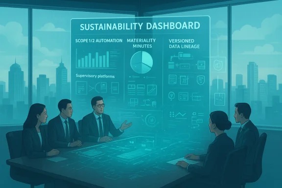Professionals discuss a large blue sustainability dashboard in a modern conference room. Professionals discuss a large blue sustainability dashboard in a modern conference room.