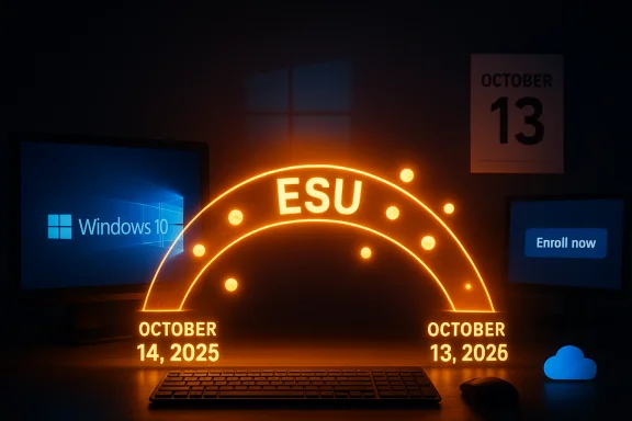 Glowing ESU arc highlights Windows 10 ESU dates: Oct 14, 2025 and Oct 13, 2026.