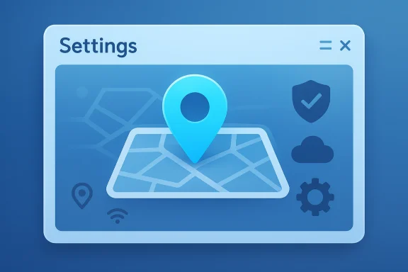 Settings window featuring a blue map with a location pin and navigation icons.