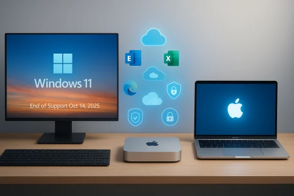 Windows 11 PC on the left, Mac mini and MacBook on the right, with floating cloud and app icons.