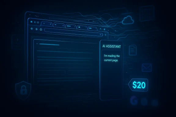 Neon blue digital interface showing an AI assistant reading the current web page.