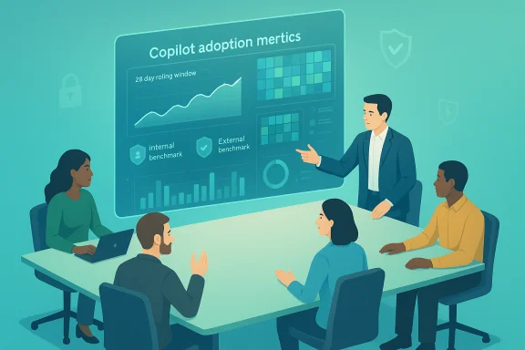 A presenter explains Copilot adoption metrics to a team around a conference table.