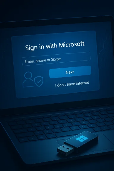 Laptop screen displays a Microsoft sign-in page with a USB Windows security key plugged in.