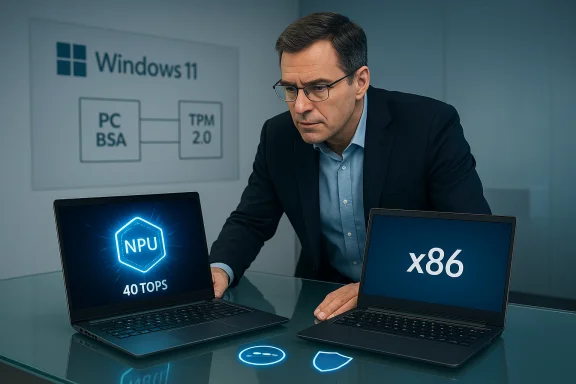 Man in a suit compares an NPU laptop (40 TOPS) with an x86 laptop.