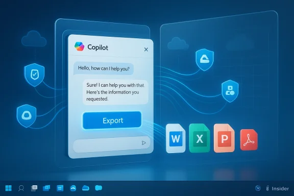 Futuristic blue UI showing Copilot chat and Office icons on Windows.