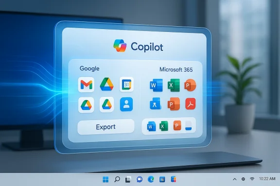 Futuristic display shows Copilot with Google and Microsoft 365 apps on a laptop.