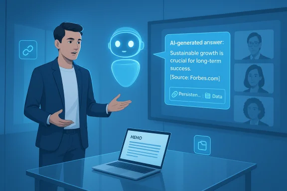A man in a suit presents AI-generated insights on a holographic screen in a futuristic office.