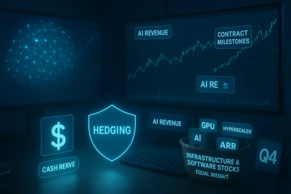 A futuristic trading desk with holographic AI dashboards, a hedging shield, and stock metrics. A futuristic trading desk with holographic AI dashboards, a hedging shield, and stock metrics.