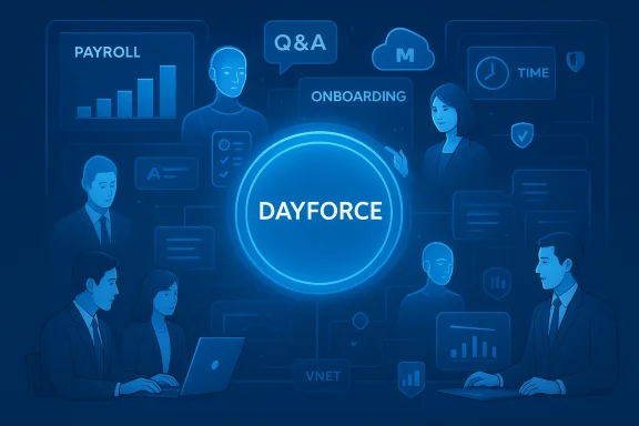 A futuristic team collaborates around a DAYFORCE hub for HR and payroll.