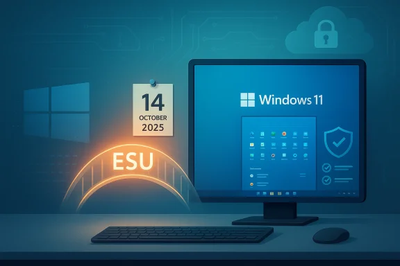 Windows 11 desktop setup featuring an ESU glow and a calendar showing Oct 14, 2025.