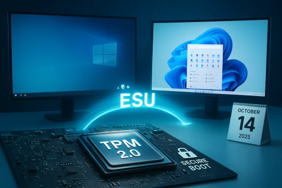 Two monitors display Windows; a glowing TPM 2.0 chip sits on a motherboard with secure boot.