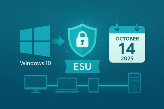 Windows 10 to ESU security upgrade, shown with a shield and Oct 14, 2025.