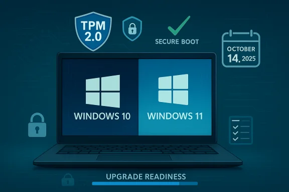 Laptop screen shows Windows 10 and Windows 11 upgrade options with TPM 2.0 and Secure Boot readiness.