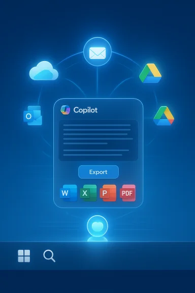 A blue holographic Copilot export panel links to cloud apps like Word, Excel, PPT, PDF.
