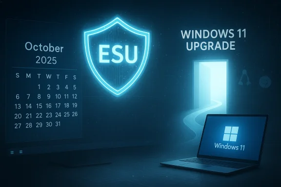 Blue tech scene with an ESU shield and Windows 11 upgrade, a calendar, and a Windows 11 laptop.