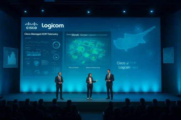 Three presenters on a blue-lit stage showcase Cisco/Logicom dashboards to an audience. Three presenters on a blue-lit stage showcase Cisco/Logicom dashboards to an audience.
