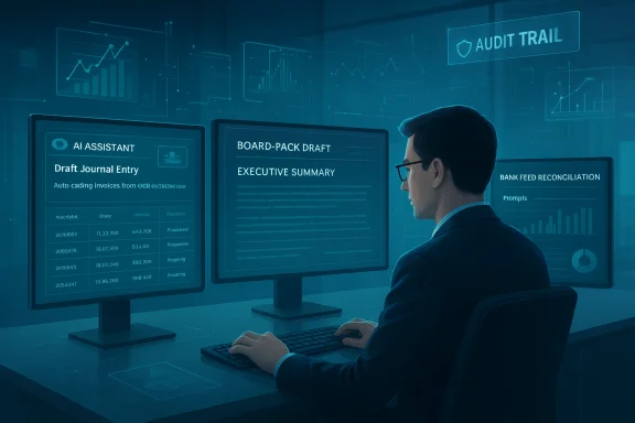 A business analyst monitors AI-assisted financial dashboards on multiple screens.