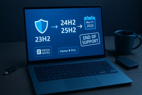 Blue-tinted laptop screen displaying end-of-support notice, patch notes, and upgrade timelines.