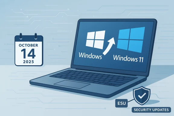 Blue laptop shows Windows 11 upgrade, calendar reads October 14, 2025, with security updates.