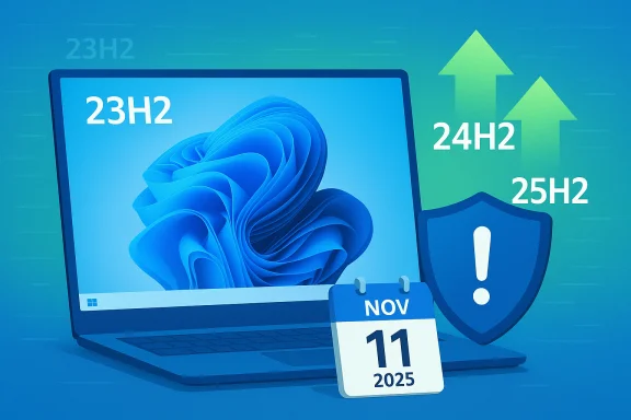 Blue laptop shows 23H2 with up arrows 24H2/25H2 and a Nov 11, 2025 calendar.
