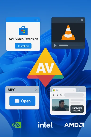 Windows wallpaper showing AV1 Video Extension installed with AV1 logo and app windows.