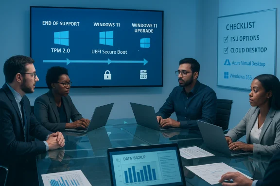 A four-person team discusses Windows 11 upgrade and security on a boardroom screen.