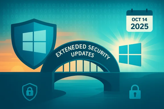 Windows security artwork promoting Extended Security Updates with Oct 14, 2025.