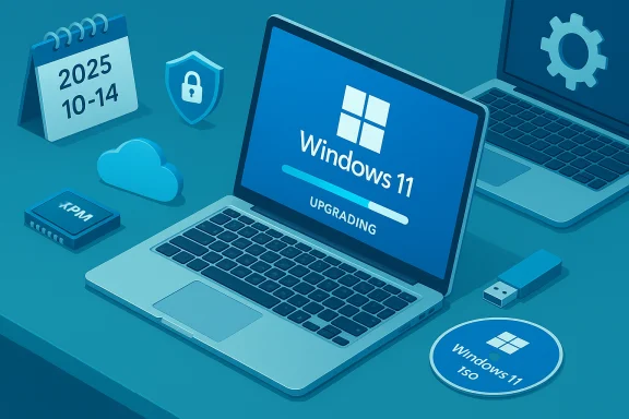 Blue-toned illustration of a laptop upgrading to Windows 11, with a progress bar and security/cloud icons.