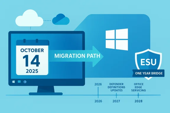 Blue infographic showing a migration path to Windows with ESU one-year bridge, dated Oct 14, 2025.