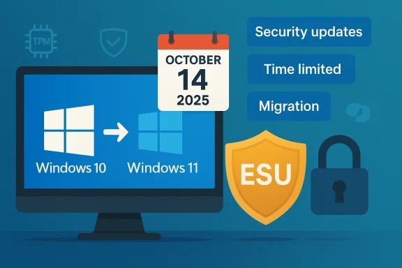 Illustration of Windows 10 to 11 upgrade with Oct 14, 2025, highlighting security and migration.