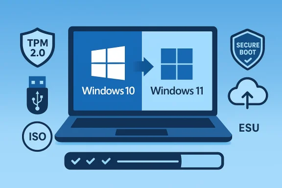 Graphic showing Windows 10 upgrading to Windows 11, with security icons (TPM, Secure Boot) around.